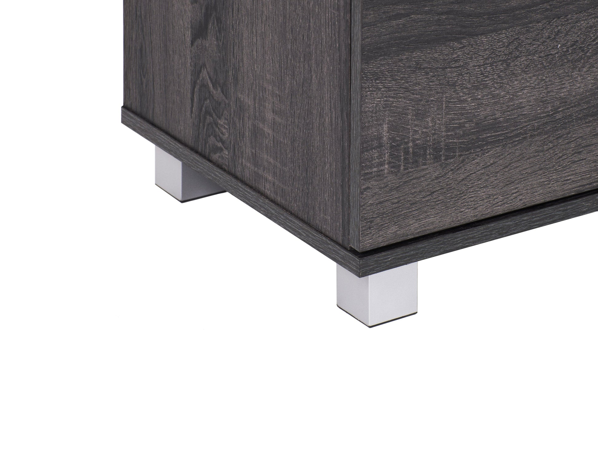 Dark wood media cabinet with sliding doors, adjustable shelves, and minimalist design.