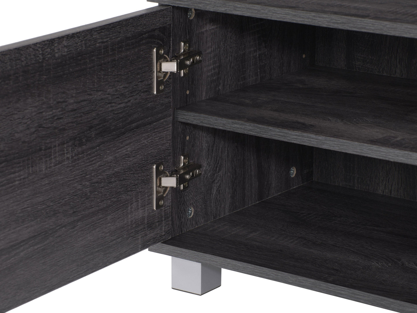 Dark wood media shelf with open compartments, sleek lines, and modern design.