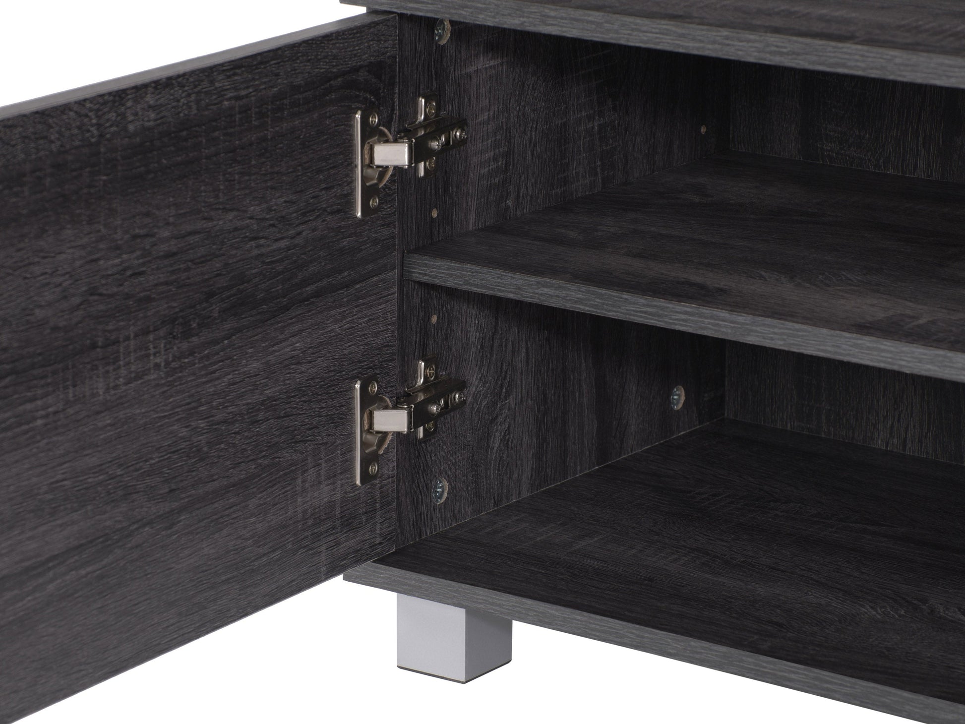 Dark wood media shelf with open compartments, sleek lines, and modern design.