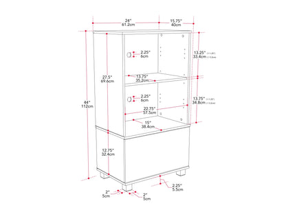 Modern media cabinet with dark wood finish, open shelving, and sleek design for stylish home entertainment storage.