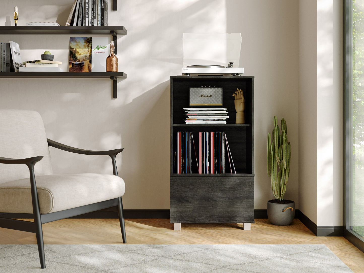 Sleek black media cabinet with open shelves, wooden frame, and modern minimalist design.