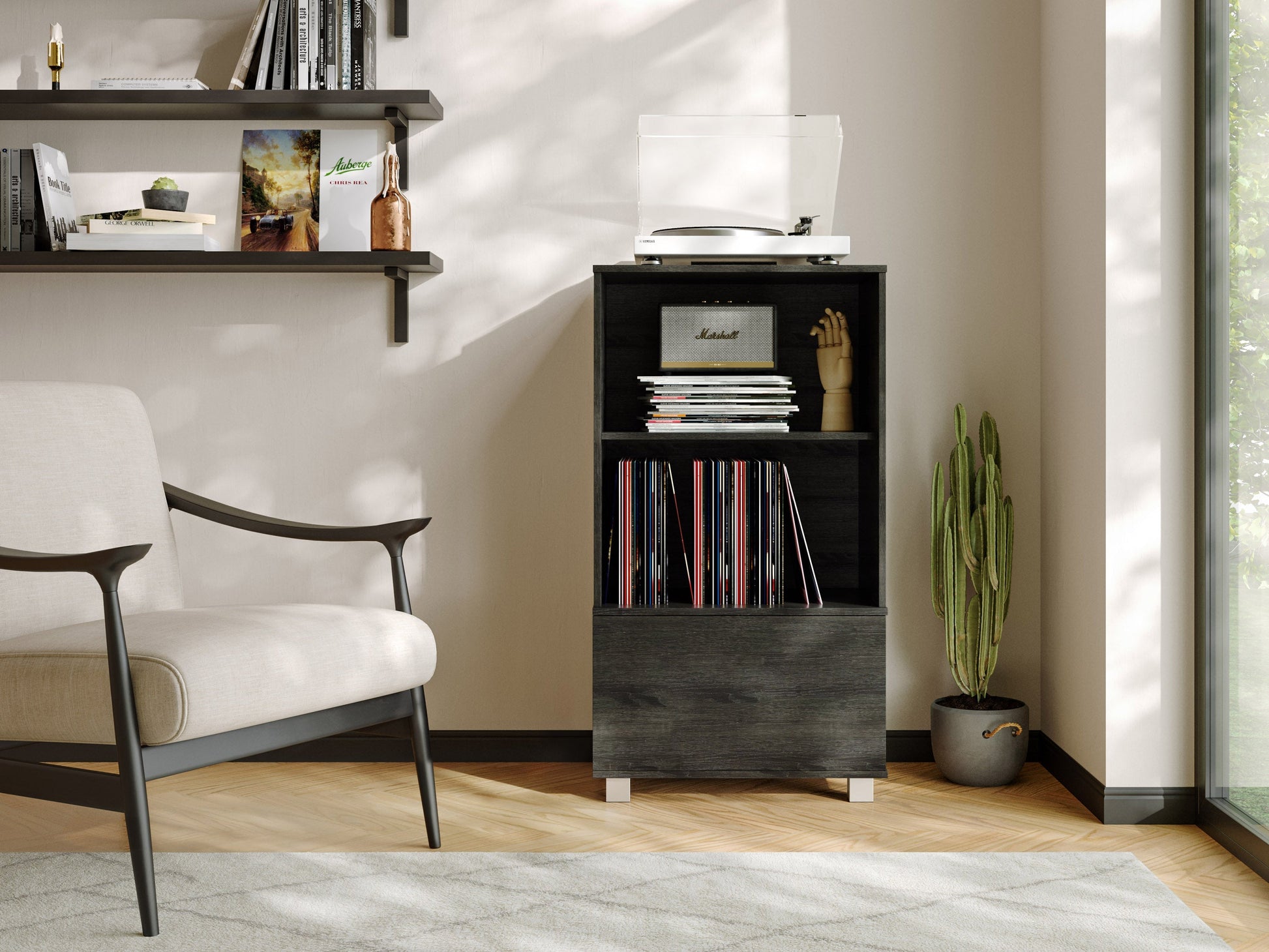 Sleek black media cabinet with open shelves, wooden frame, and modern minimalist design.