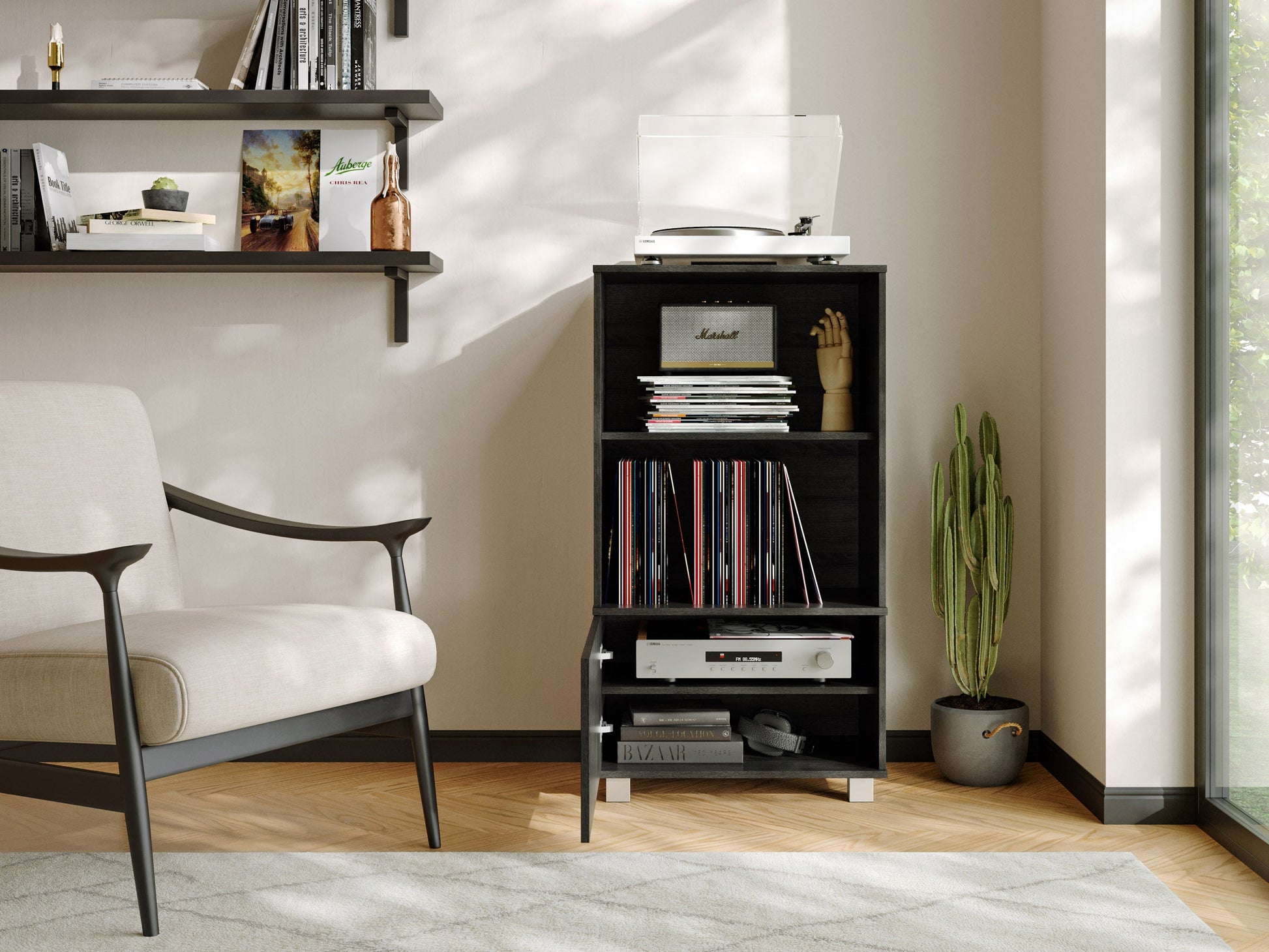 Modern media cabinet with walnut finish, open shelving, and sleek black metal legs.