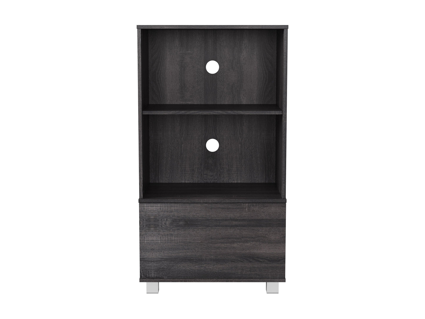 Modern media cabinet with white shelves, black metal frame, and minimalist design for stylish storage solutions