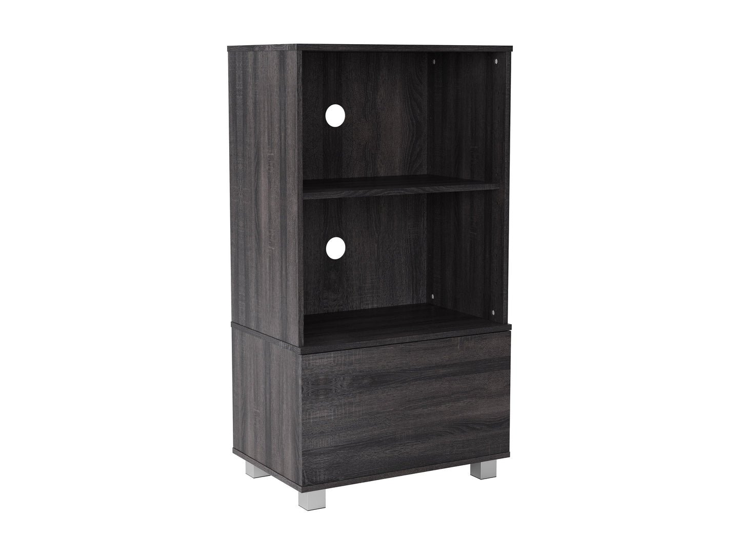 Sleek media shelf with dark wood finish, metal legs, and spacious storage compartments for modern home entertainment setups.