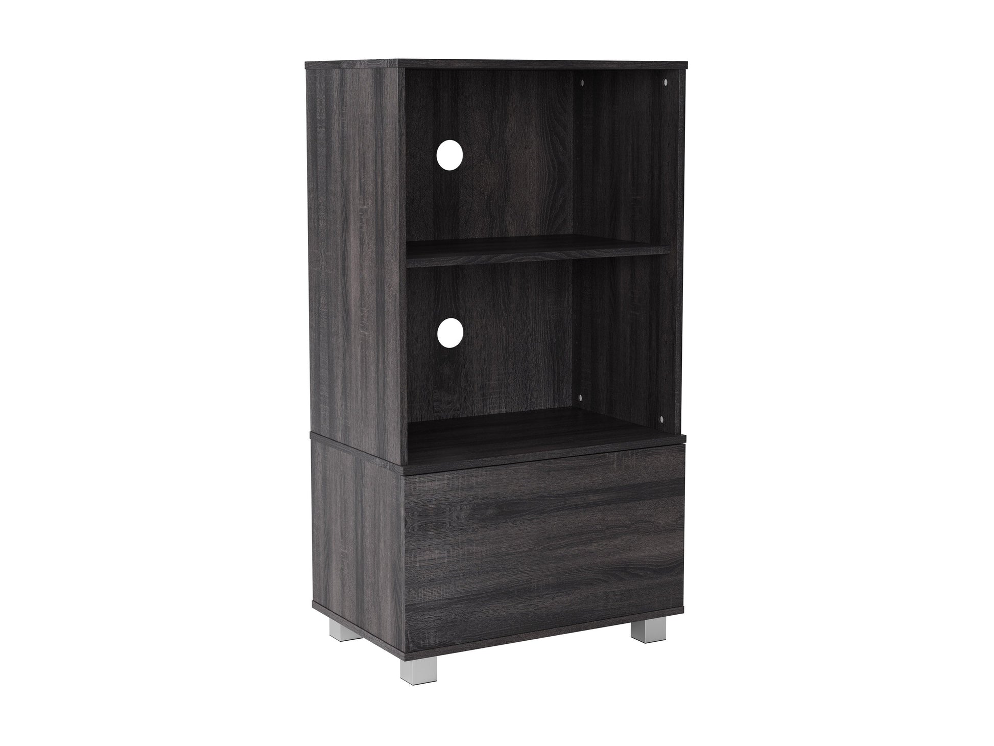 Sleek media shelf with dark wood finish, metal legs, and spacious storage compartments for modern home entertainment setups.