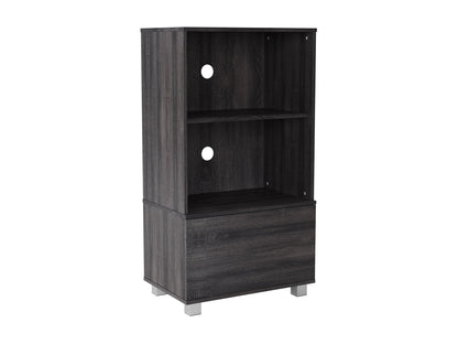 Sleek media shelf with dark wood finish, metal legs, and spacious storage compartments for modern home entertainment setups.