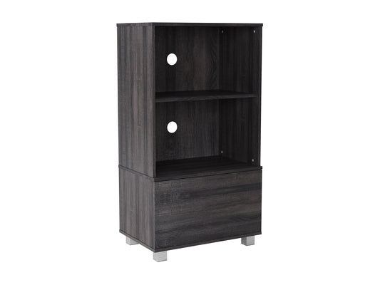 Sleek media shelf with dark wood finish, metal legs, and spacious storage compartments for modern home entertainment setups.