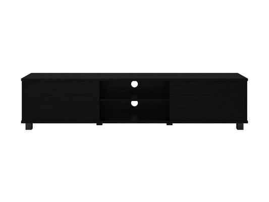 Black modern TV stand for TVs up to 85 inches, featuring sleek design and ample storage space.