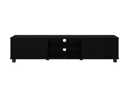 Black modern TV stand for TVs up to 85 inches, featuring sleek design and ample storage space.