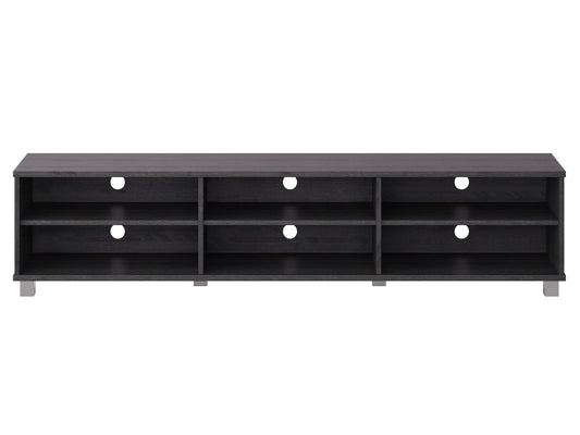 Modern grey TV stand for TVs up to 85" with sleek design and ample storage.