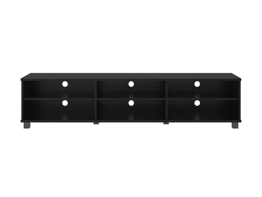 Black modern TV stand for TVs up to 85 inches with sleek design and ample storage shelves.