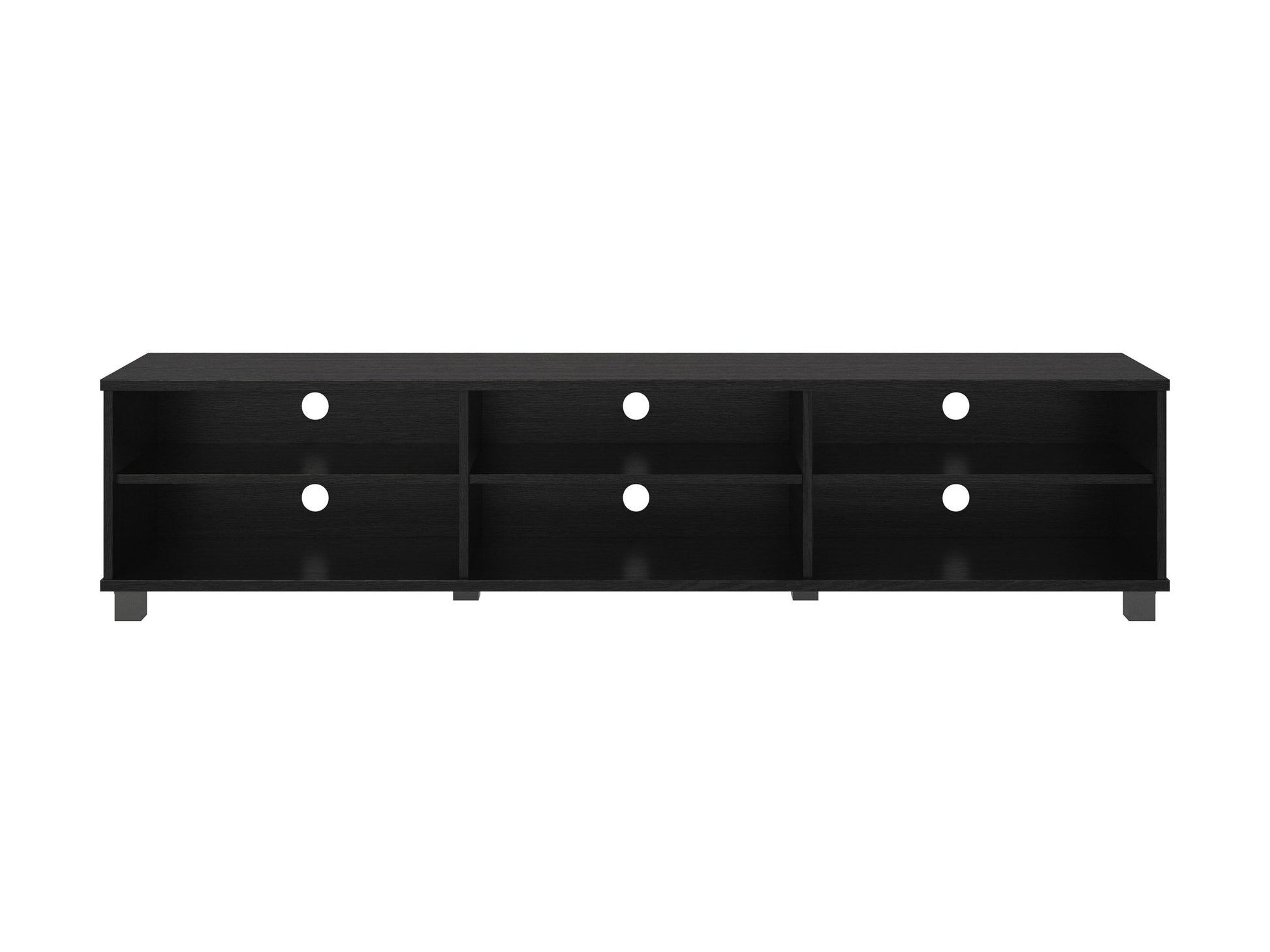 Black modern TV stand for TVs up to 85 inches with sleek design and ample storage shelves.