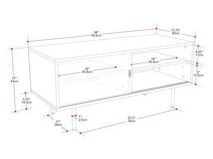 Modular TV stand for TVs up to 55 inches, white and oak finish, with open shelving and sleek design.
