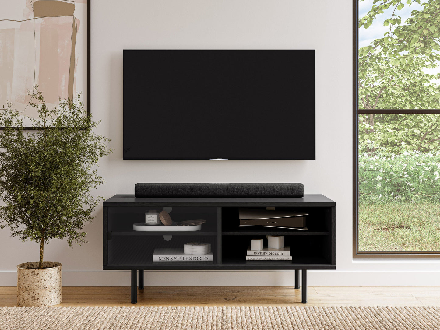 Modular TV stand for 55" TVs, dark wood finish, open shelves, sleek design, and cable management.
