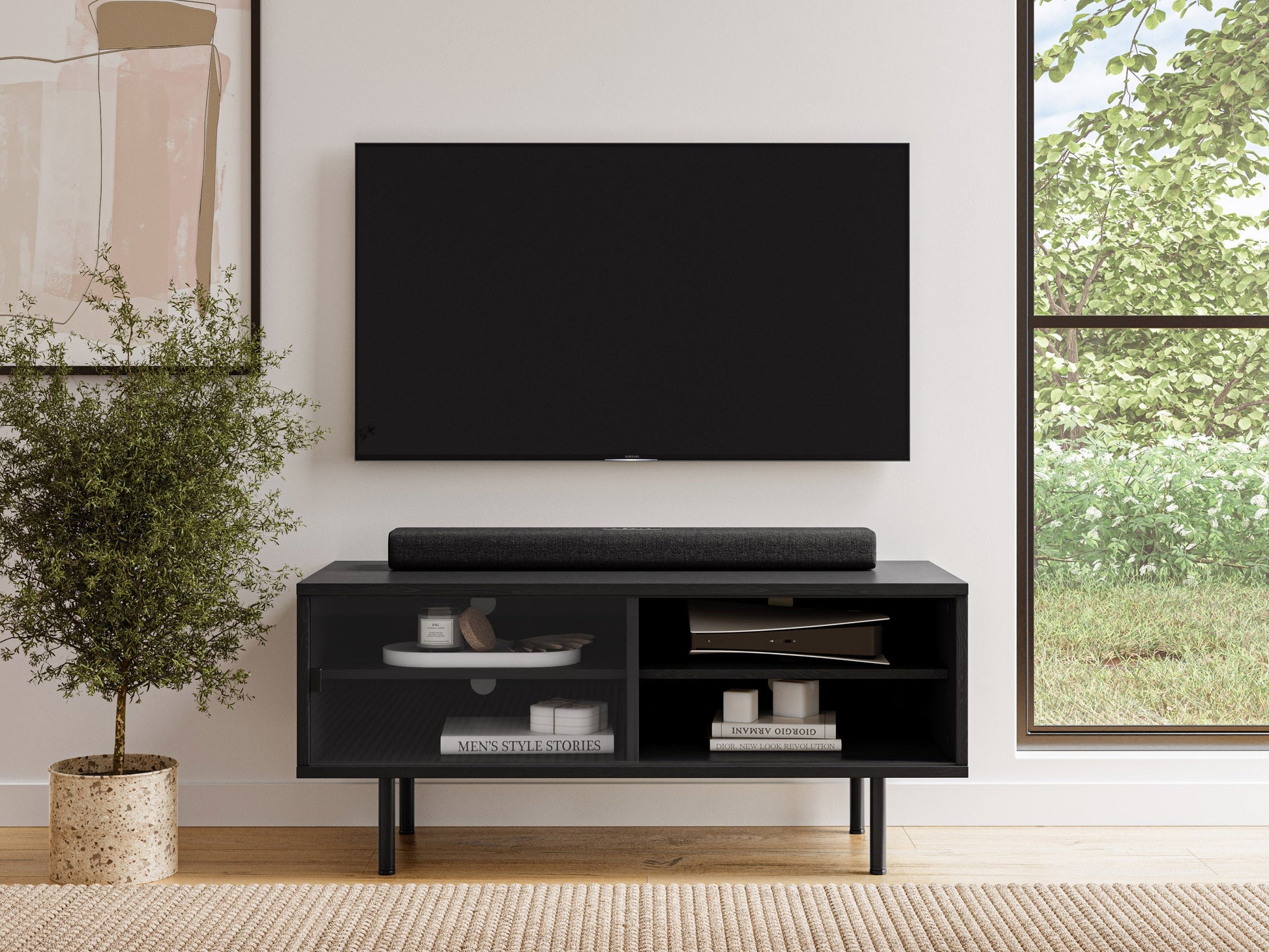 Modular TV stand for 55" TVs, dark wood finish, open shelves, sleek design, and cable management.