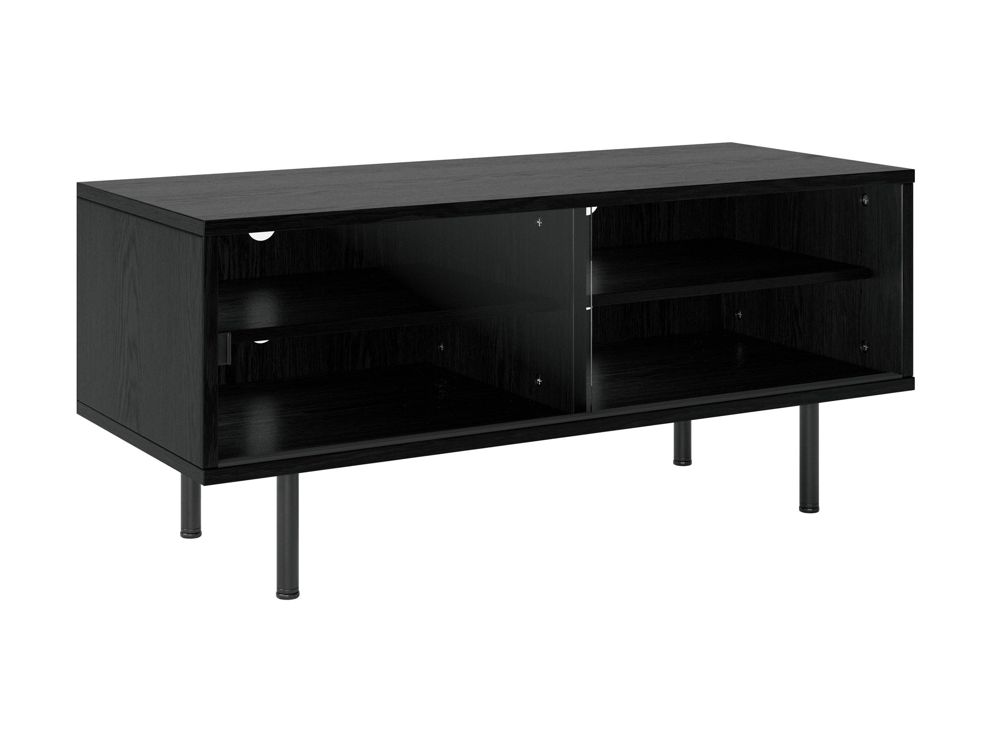 Modern modular TV stand for TVs up to 55", dark wood finish, sleek design, spacious storage shelves.