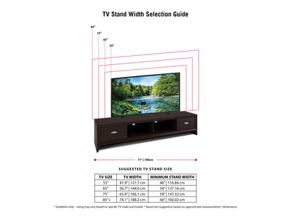 Modern TV stand with a sleek black finish, featuring two spacious open shelves, a sturdy wooden frame, and minimalist design, perfect for contemporary living rooms.