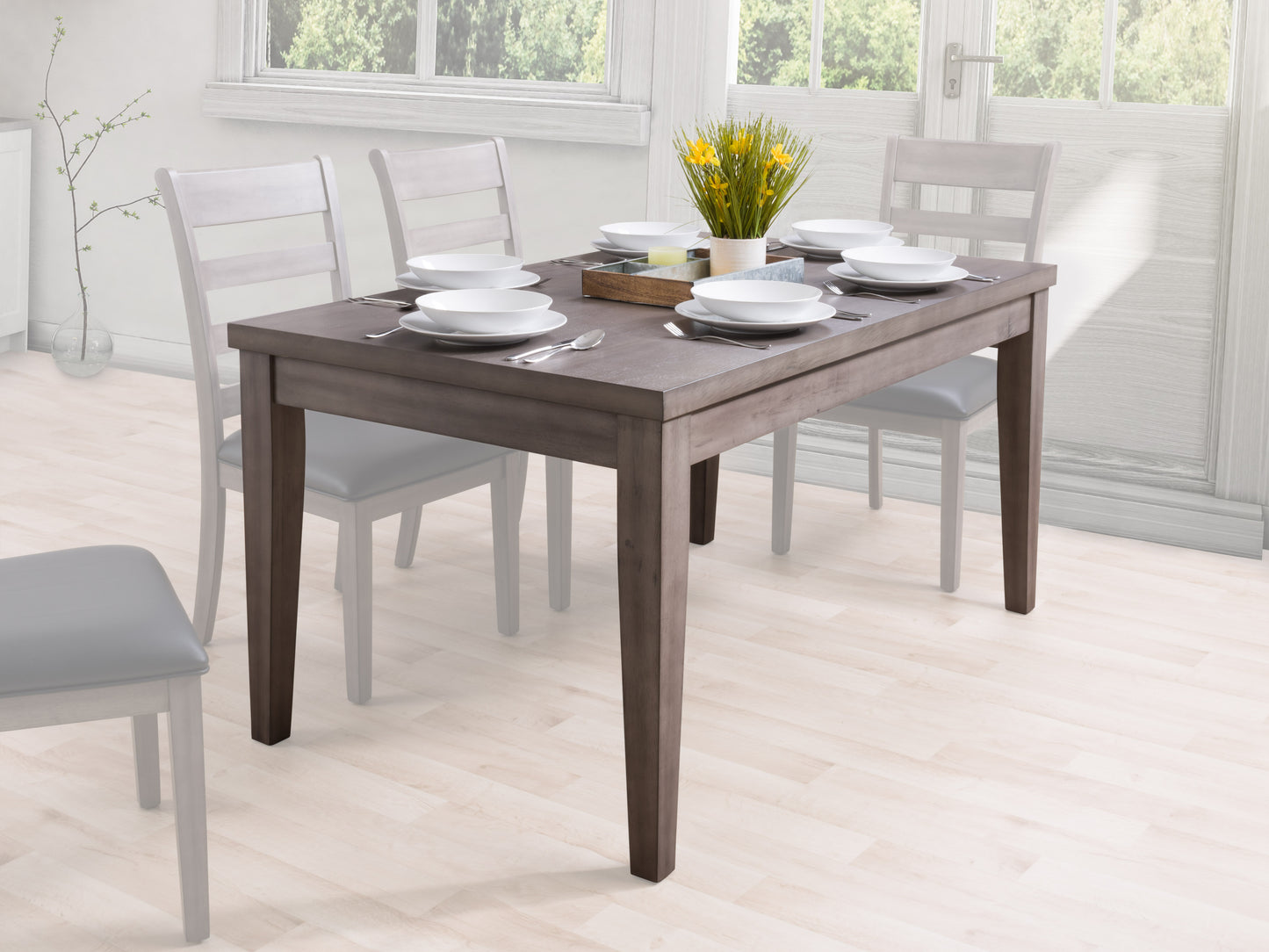 Modern wooden dining table with sleek black metal legs, featuring a rich, natural wood grain finish, set in a minimalist dining room with neutral tones and contemporary decor.