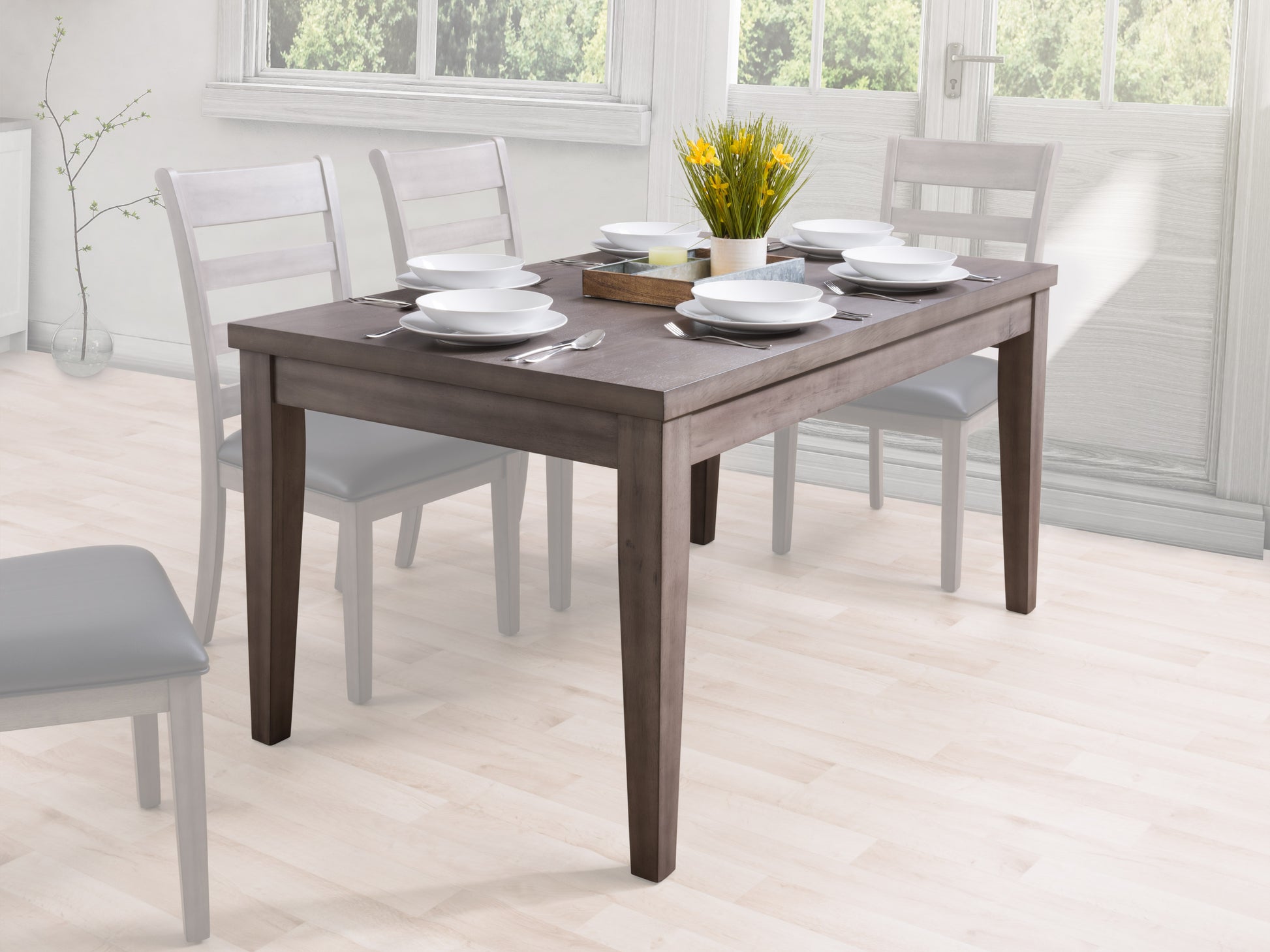 Modern wooden dining table with sleek black metal legs, featuring a rich, natural wood grain finish, set in a minimalist dining room with neutral tones and contemporary decor.