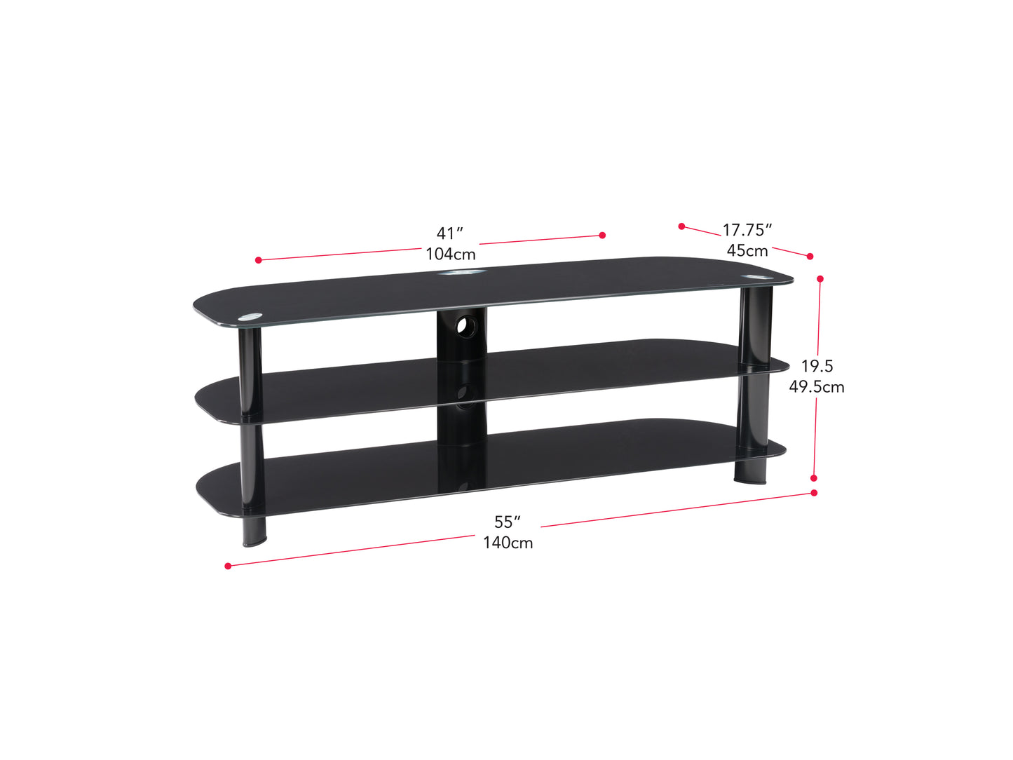 Black glass TV stand with three tempered glass shelves, sleek chrome legs, and cable management system, suitable for TVs up to 65 inches.