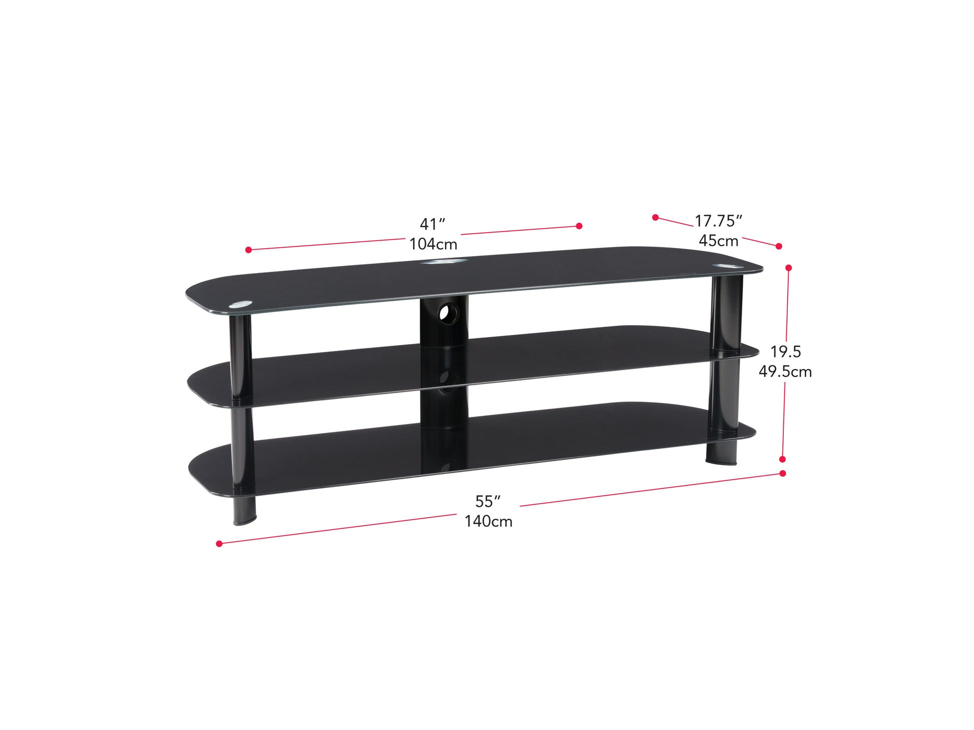 Black glass TV stand with three tempered glass shelves, sleek chrome legs, and cable management system, suitable for TVs up to 65 inches.