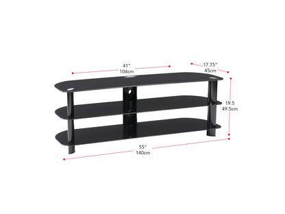 Black glass TV stand with three tempered glass shelves, sleek chrome legs, and cable management system, suitable for TVs up to 65 inches.