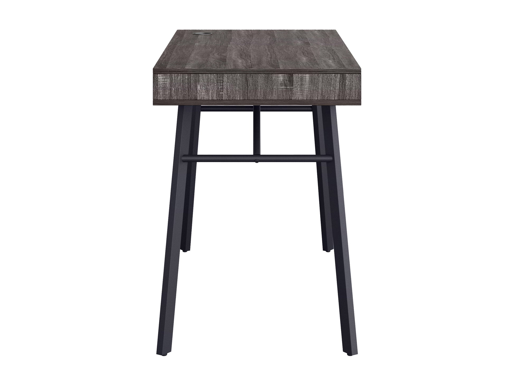 Natural wood desk with grey finish, sleek design, metal legs, and spacious work surface.