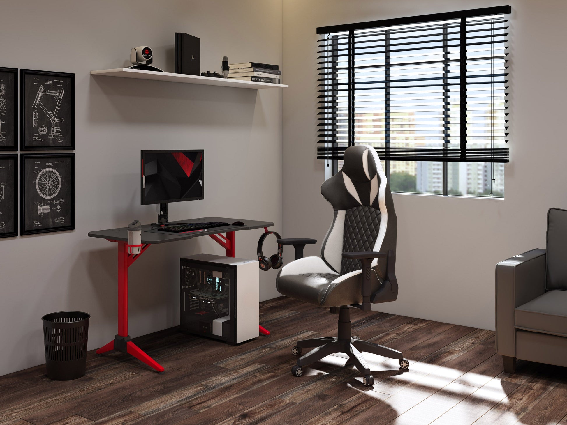 Black and white gaming reclining chair with ergonomic design, padded armrests, and adjustable backrest.