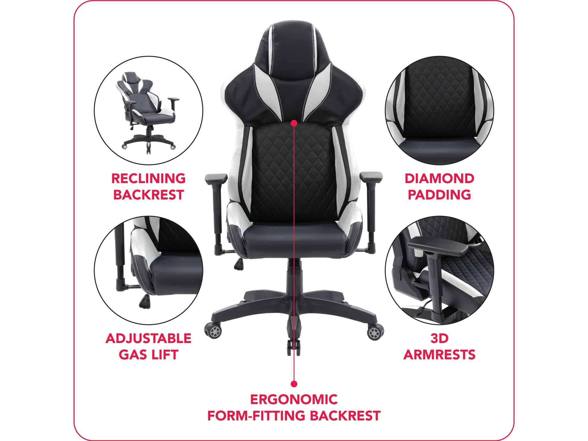 Black and white gaming reclining chair with ergonomic design, padded armrests, and adjustable headrest.