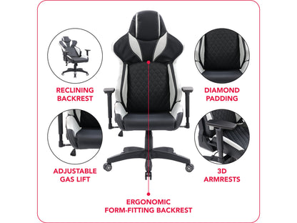 Black and white gaming reclining chair with ergonomic design, padded armrests, and adjustable headrest.