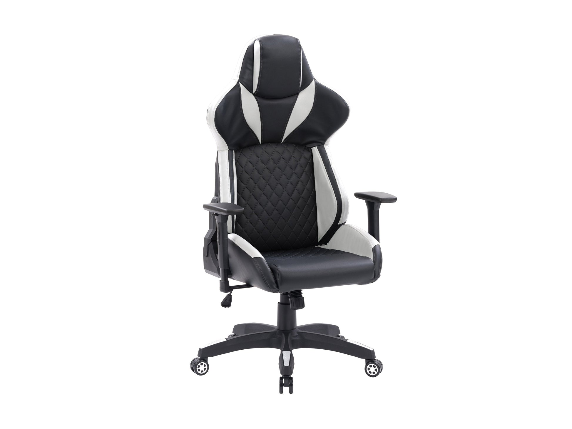 Black and white gaming reclining chair with ergonomic design, padded armrests, and adjustable headrest.