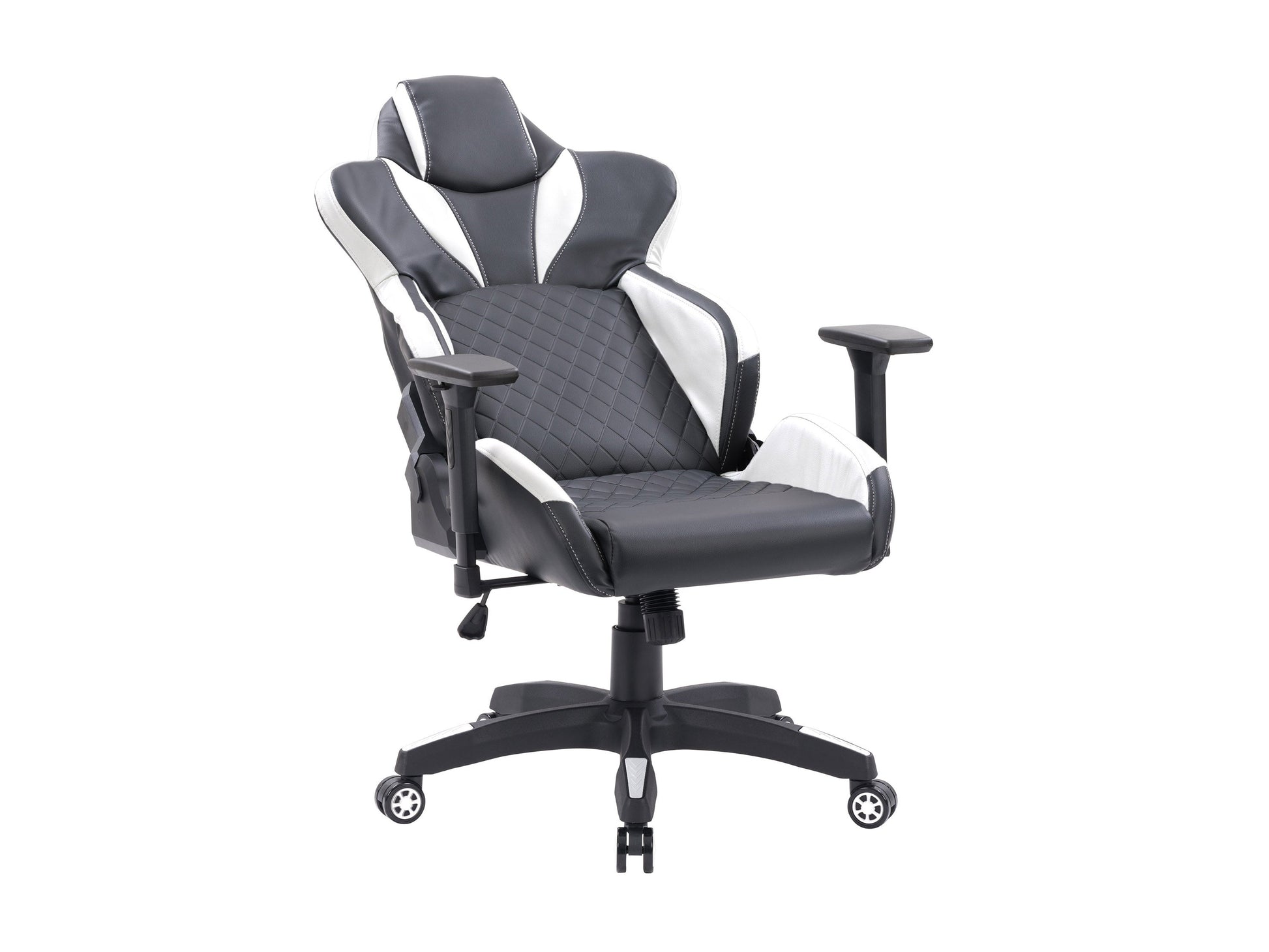 Ergonomic black and white gaming chair with reclining feature, padded armrests, and lumbar support for ultimate comfort.