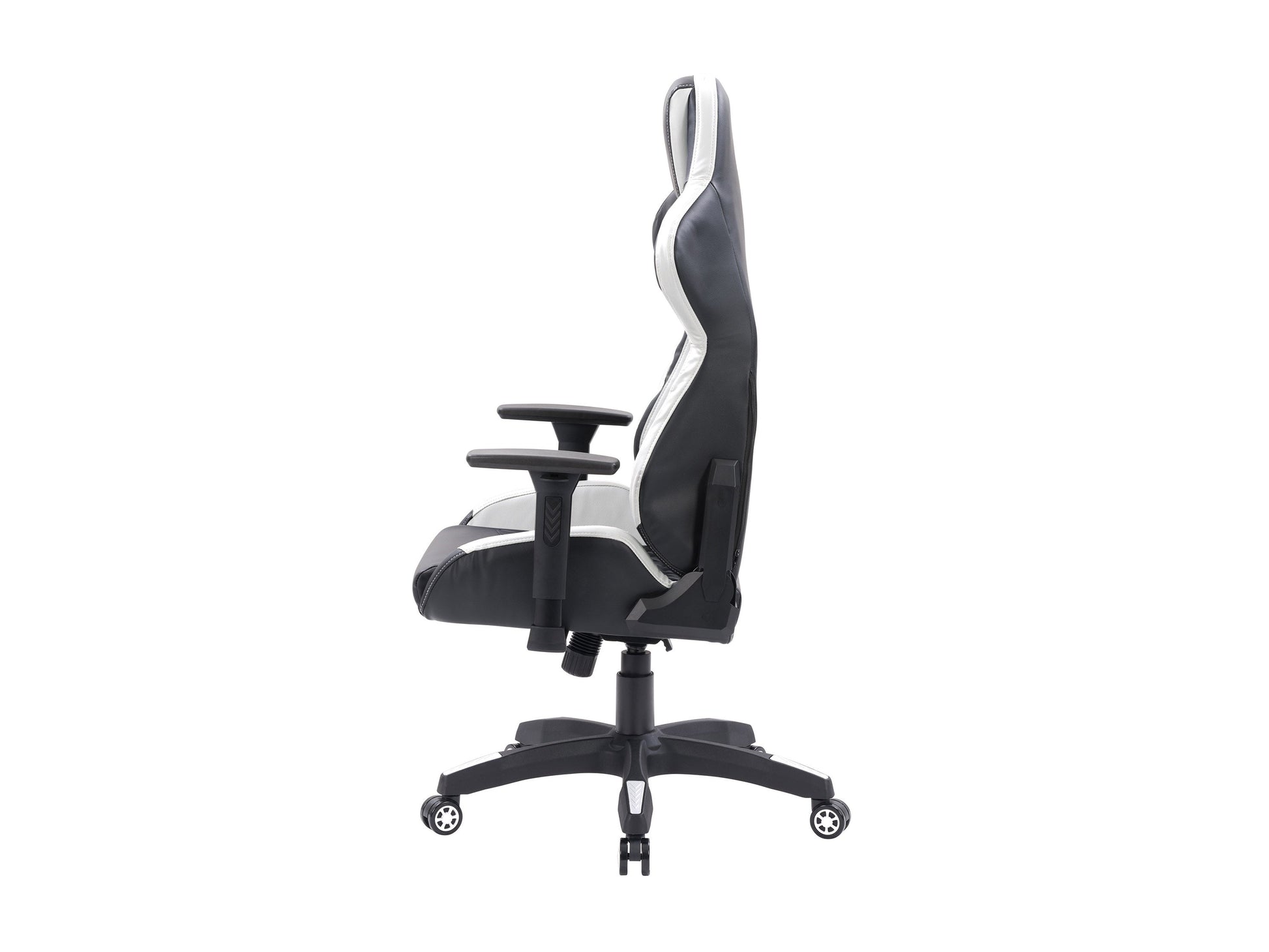 Black and white gaming reclining chair with ergonomic design, padded seat, adjustable armrests, and lumbar support.