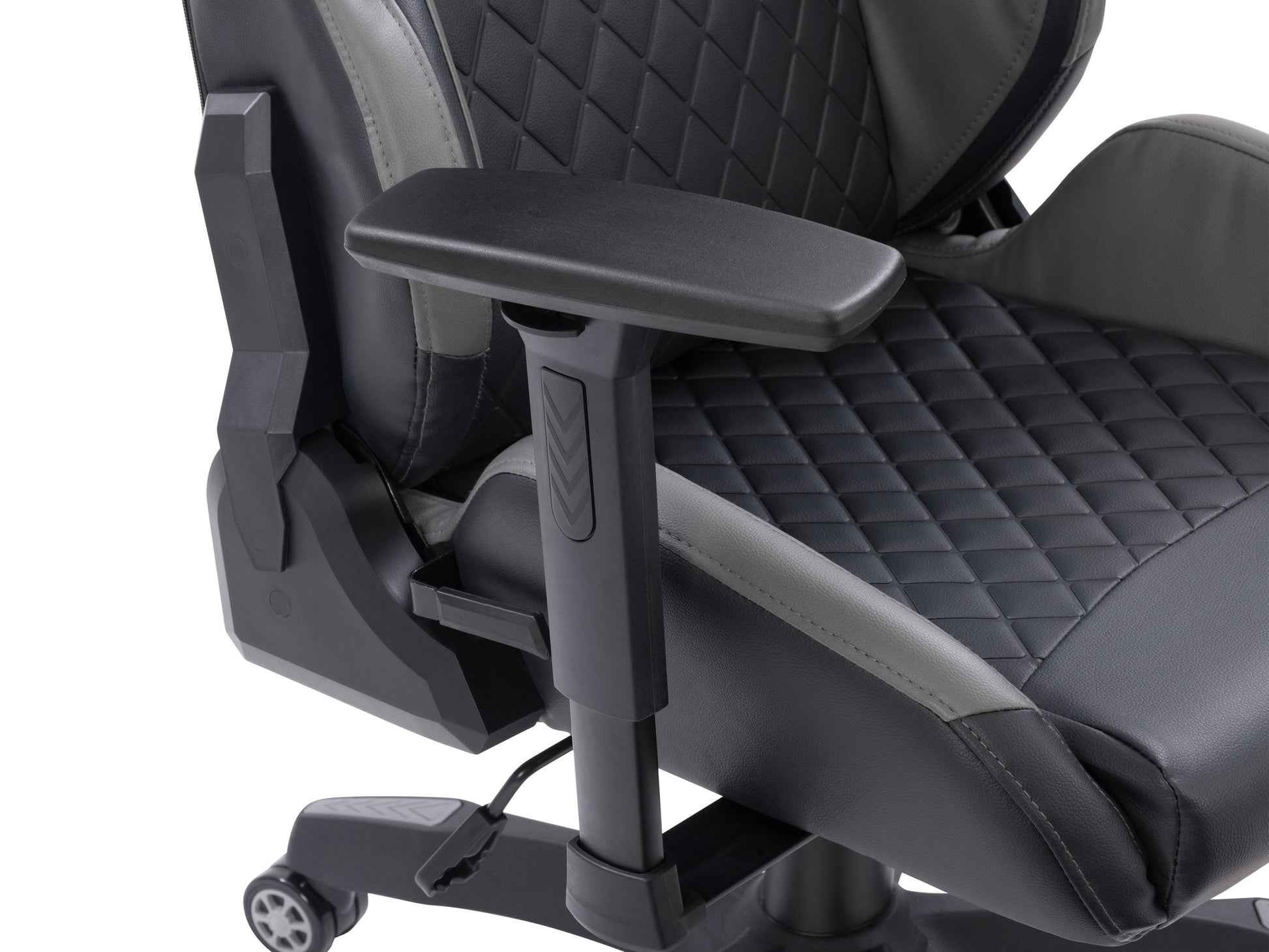 Black and grey gaming reclining chair with ergonomic design, padded armrests, and adjustable headrest.