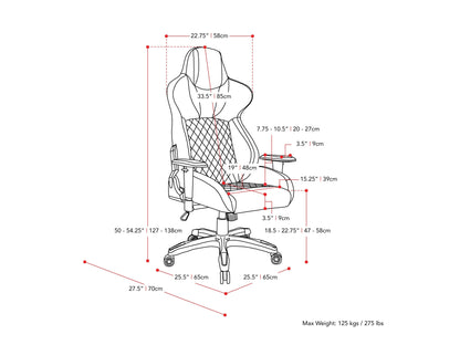 Black and grey gaming reclining chair with ergonomic design, padded armrests, and adjustable headrest for ultimate comfort.