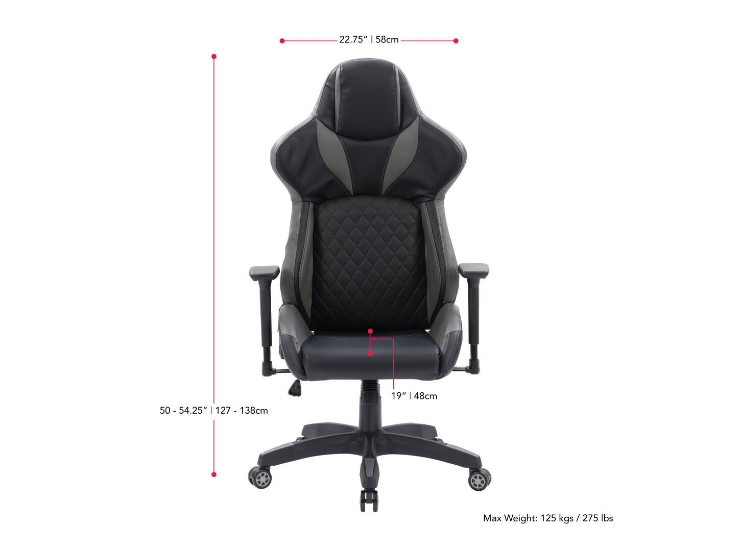 Black and grey gaming reclining chair with ergonomic design, padded armrests, and adjustable headrest.
