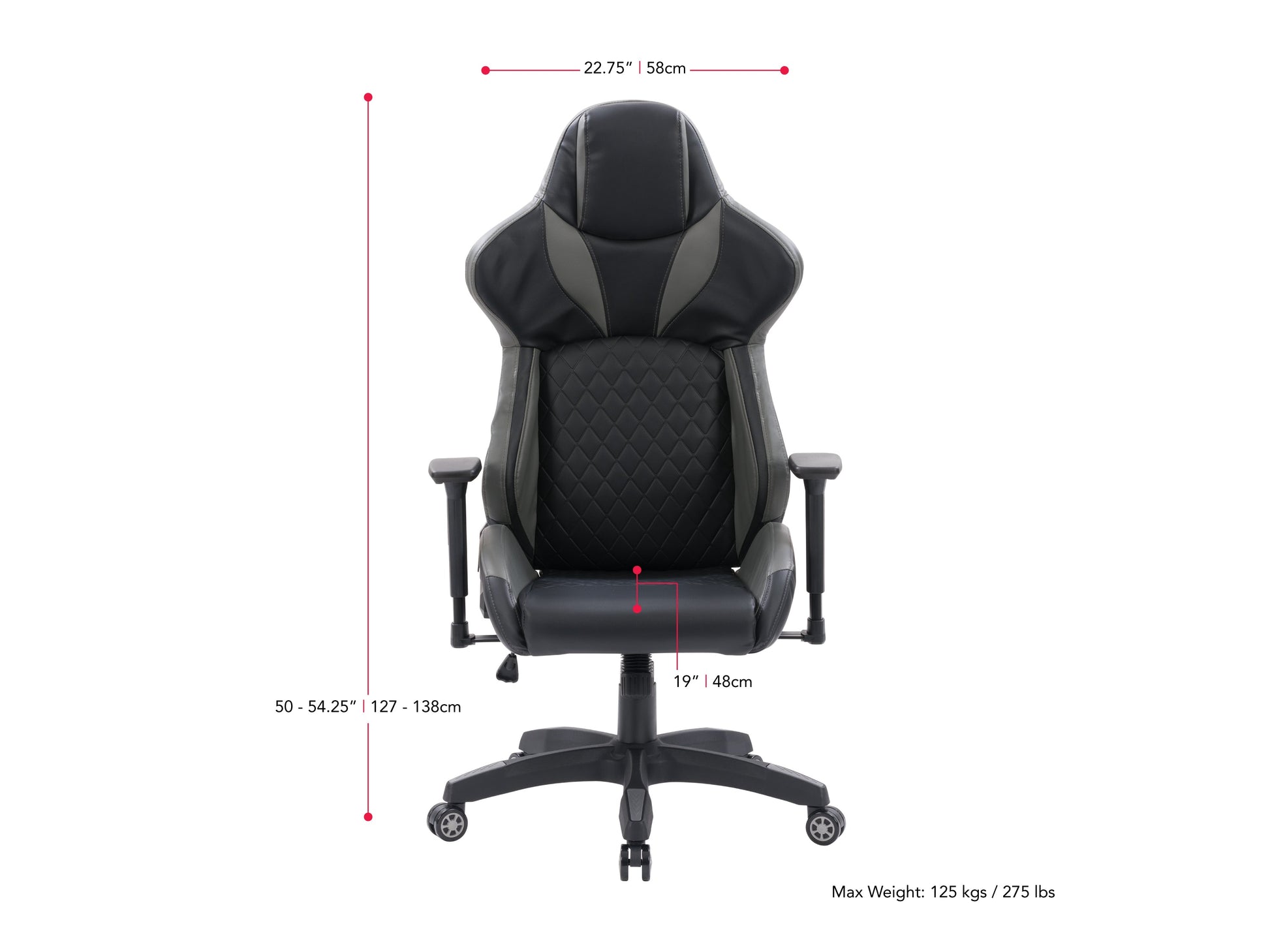 Black and grey gaming reclining chair with ergonomic design, padded armrests, and adjustable headrest.