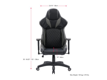 Black and grey gaming reclining chair with ergonomic design, padded armrests, and adjustable headrest.