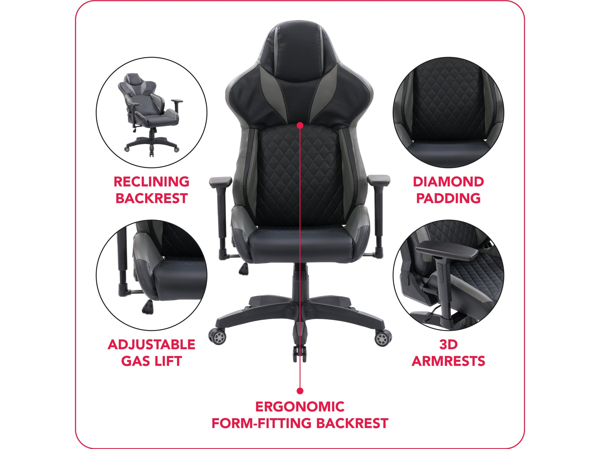 Black and grey gaming reclining chair with ergonomic design, padded armrests, and adjustable headrest.