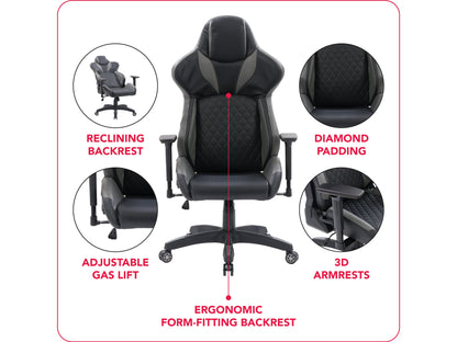 Black and grey gaming reclining chair with ergonomic design, padded armrests, and adjustable headrest.
