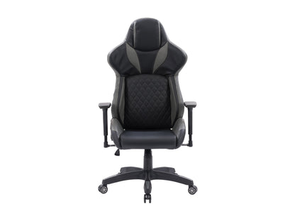 Gaming reclining chair in black and grey with ergonomic design, adjustable armrests, lumbar support, and durable fabric upholstery.