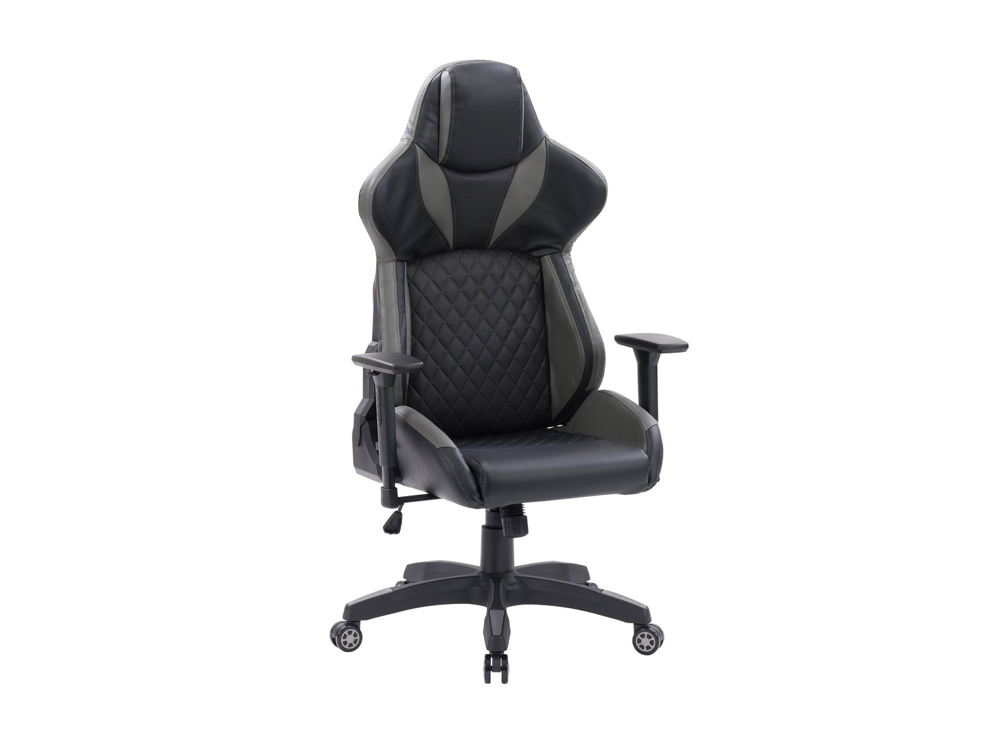 Black and grey gaming reclining chair with ergonomic design, padded armrests, and adjustable height.