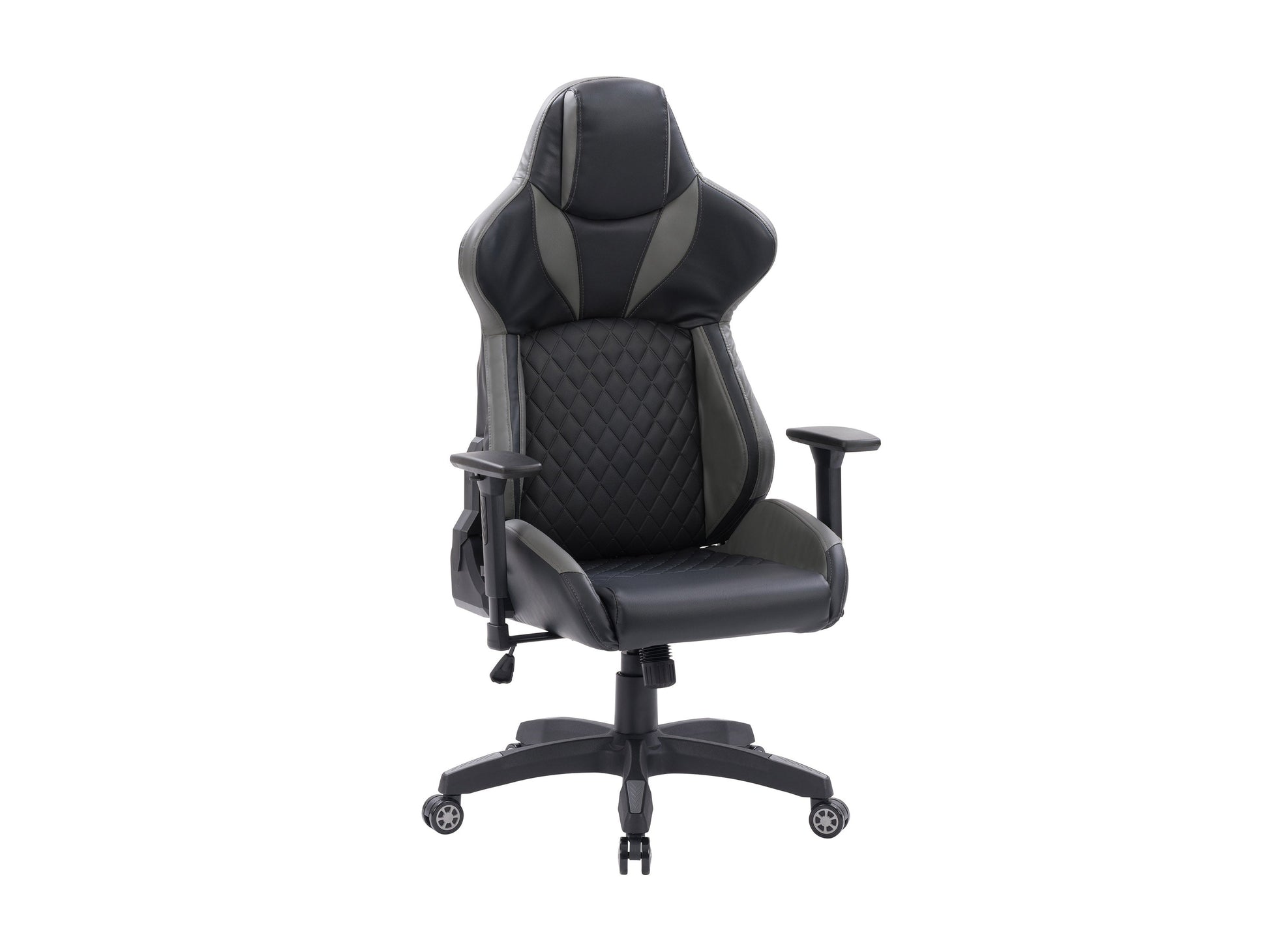 Black and grey gaming reclining chair with ergonomic design, padded armrests, and adjustable height.