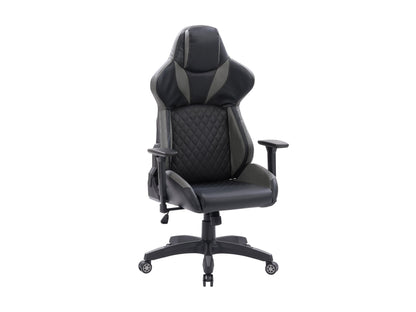 Black and grey gaming reclining chair with ergonomic design, padded armrests, and adjustable height.