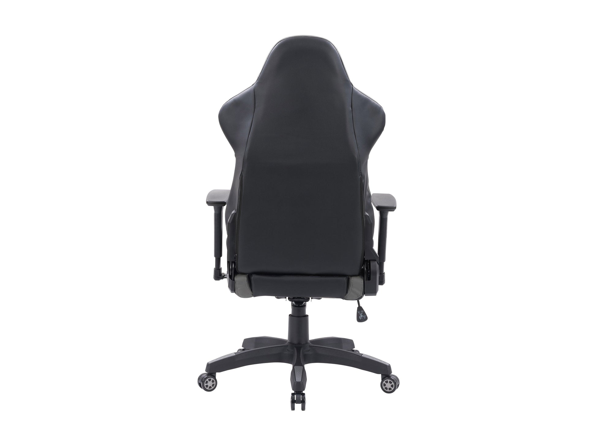 Black and grey gaming reclining chair with ergonomic design, adjustable armrests, and lumbar support