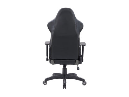 Black and grey gaming reclining chair with ergonomic design, adjustable armrests, and lumbar support