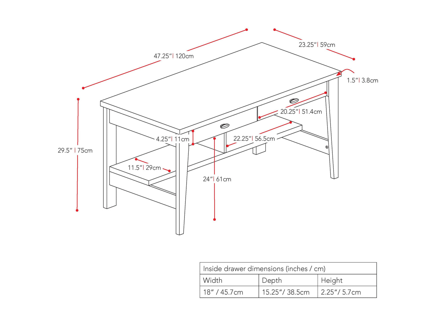 Modern wooden desk with sleek metal legs, featuring a spacious tabletop in a natural wood finish, two integrated storage drawers, and a minimalist design perfect for home offices or study areas.