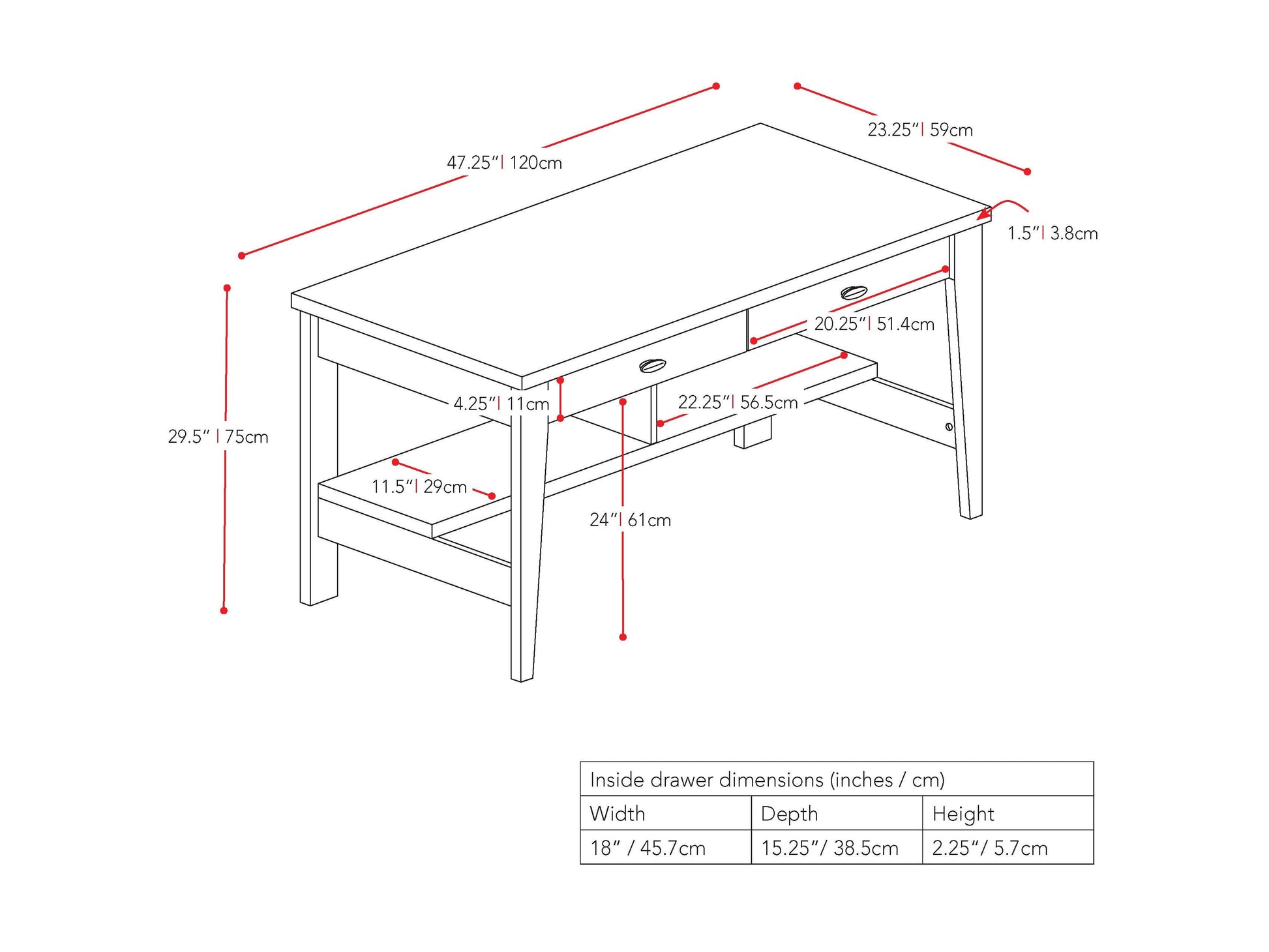 Modern wooden desk with sleek metal legs, featuring a spacious tabletop in a natural wood finish, two integrated storage drawers, and a minimalist design perfect for home offices or study areas.