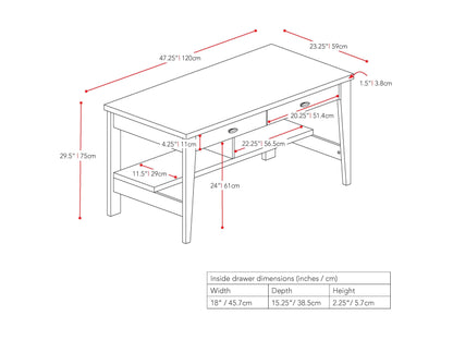 Modern wooden desk with sleek metal legs, featuring a spacious tabletop in a natural wood finish, two integrated storage drawers, and a minimalist design perfect for home offices or study areas.